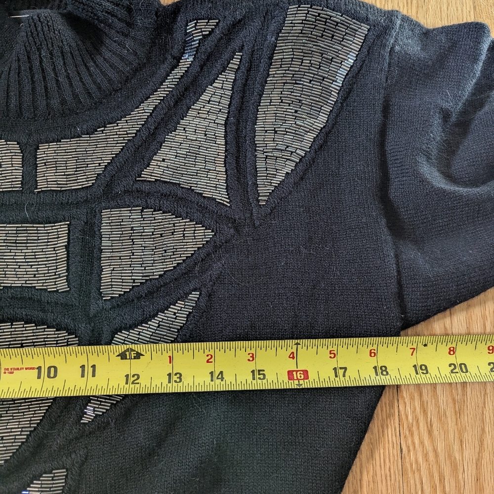 80s Vintage 100% Merino Wool Geometric Beaded Mock Neck Sweater Black Size M - Picture 6 of 7